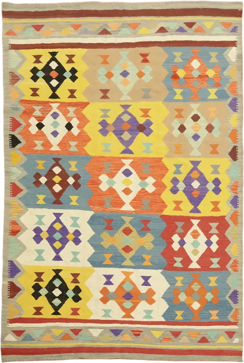 Handwoven Turkish Kilim Rug with Bold, Multicolor Geometric Patterns 7'x10'