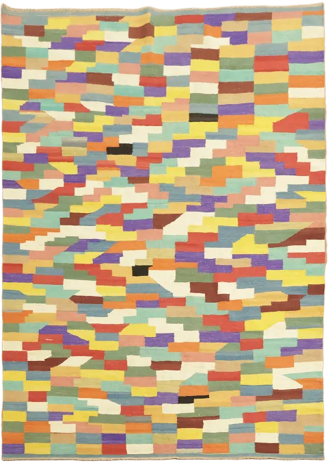 Abstract pixel pattern meets modern style in a multicolor Kilim Rug 7x10