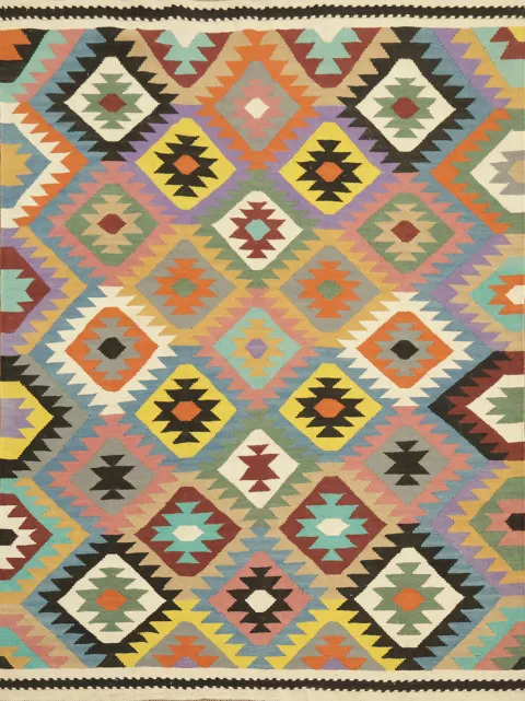 Colorful Kilim Flat-Weave Rug with Traditional Geometric Design 5'x7'