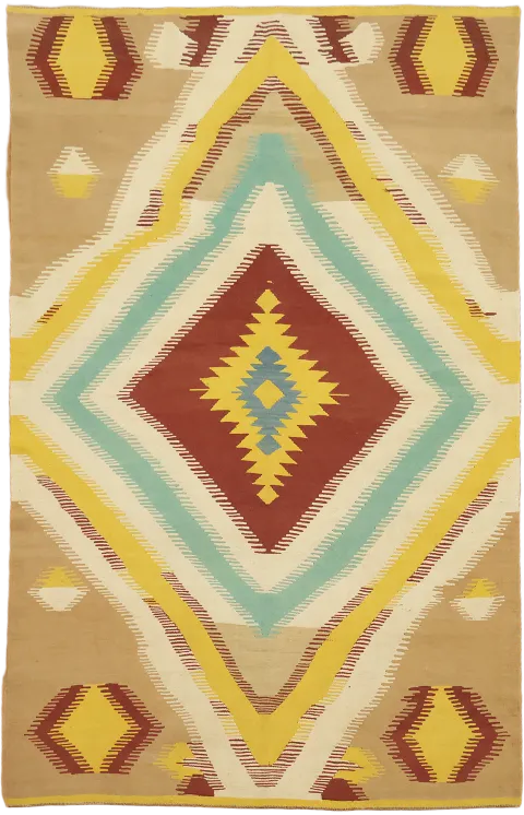 Aztec-Inspired Turkish Kilim Area Rug with Vibrant Reds and Yellows 6'x10'