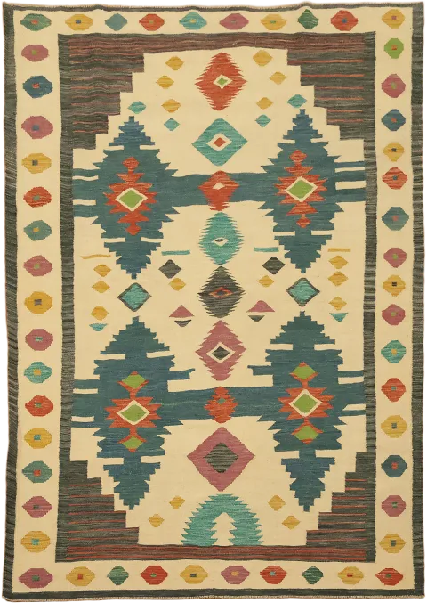 Vibrant Geometric Turkish kilim on Traditional Handcrafted Rug 6'x8'