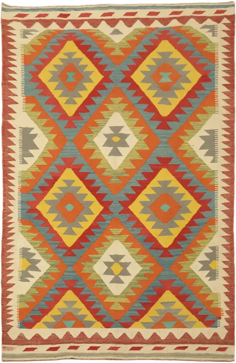 Colorful Tribal Flat-Woven Turkish Kilim Wool Rug 5'x8'