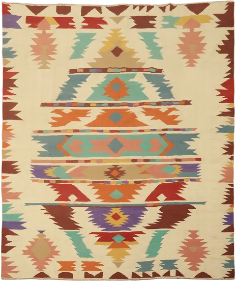 Vibrant Geometric Tribal Kilim Turkish Rug with Bold Earthy Tones 8'x10'