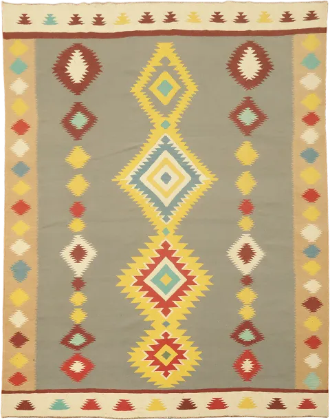 Southwestern Diamond Design Grey and Yellow Turkish Kilim Rug 8x10