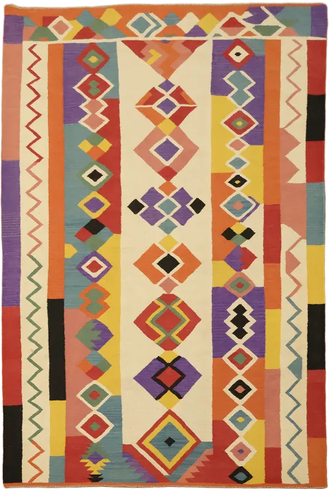 Vivid Geometric Turkish Kilim Rainbow Rug: A Kaleidoscope of Patterns 7x10