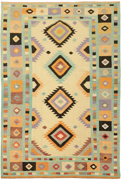 Eclectic Artisan Beige Turkish Kilim hand-Woven Wool Rug  9' 6'' x 6' 5''