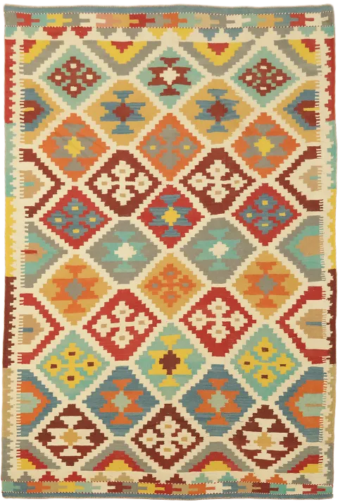 Southwestern Style Kilim Turkish Rug with Colorful Diamond Patterns 7x10