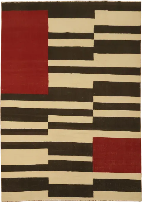 Flat-Weave Turkish Kilim Rug with minimalist red and brown stripe pattern 10x14