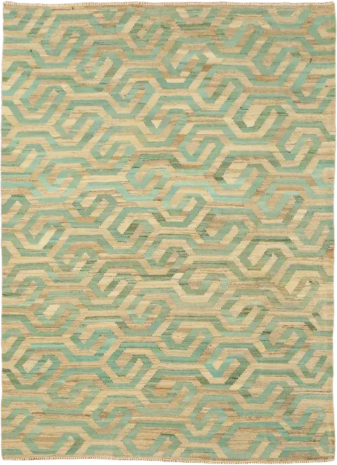 Beige and Teal Turkish Kilim Rug with Modern Interlocking Maze Design 7'x9'