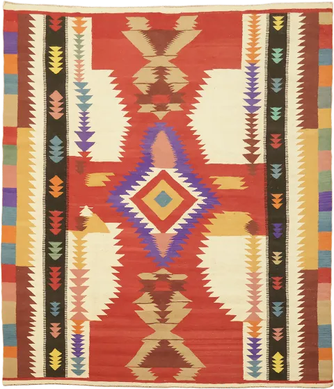 Southwestern Style Hand-Woven Turkish Kilim Rug with Colorful Pattern 8x10