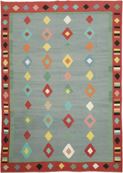 Slate Denim Blue Flat-Weave Turkish Kilim Eclectic Jewel Toned Rug 8'x11'