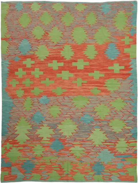 Modern Turkish Kilim Rug with Vibrant Abstract Patterns and Designs 10x13