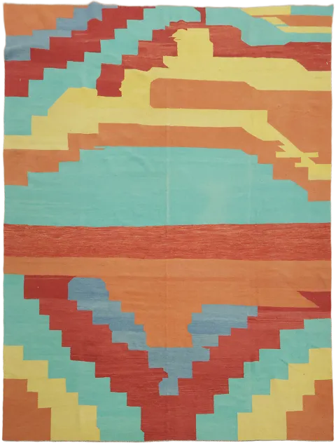 Vibrant Southwestern Geometric Pattern Flat-Weave Turkish Kilim Rug 10x13
