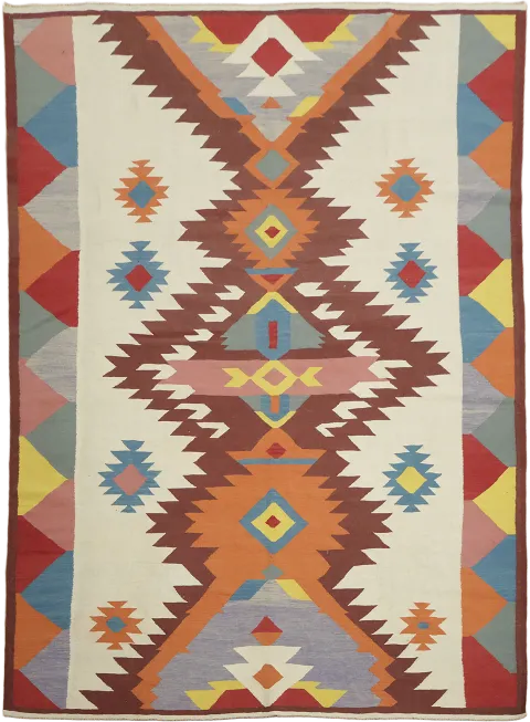 Colorful Handwoven Turkish Kilim Rug with Bold Tribal Patterns 9x12 ft
