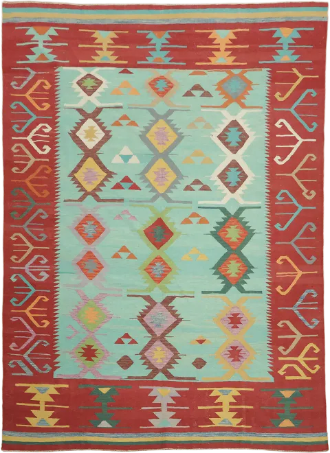 Handwoven Aqua Green Oushak Turkish Flat-Weave Rug 9'x12'