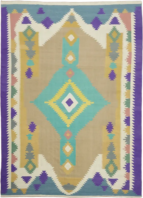 Vibrant Bohemian Kilim Turkish Rug with Bold Geometric Patterns 10x14