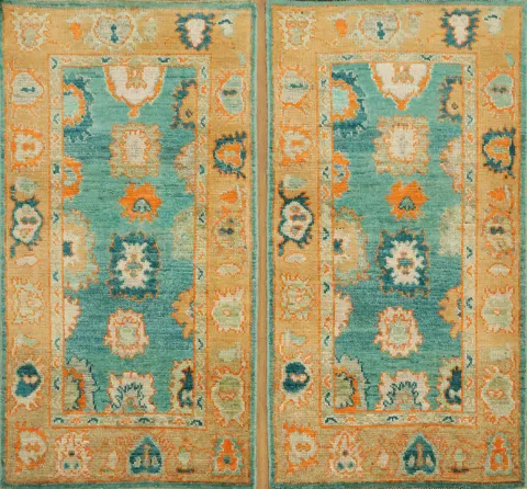 Vibrant Turquoise and Orange Wool Oushak Area Rug with Intricate Floral Patterns 2x4