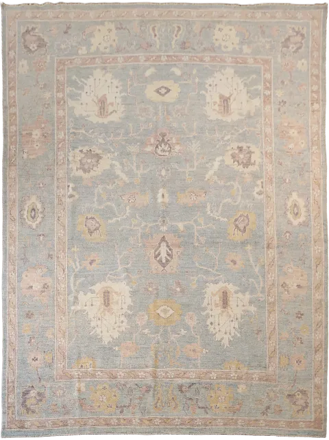 Classic Turkish Grey Wool Oushak Rug with a Delicate Floral and Leaf Motif 9x12