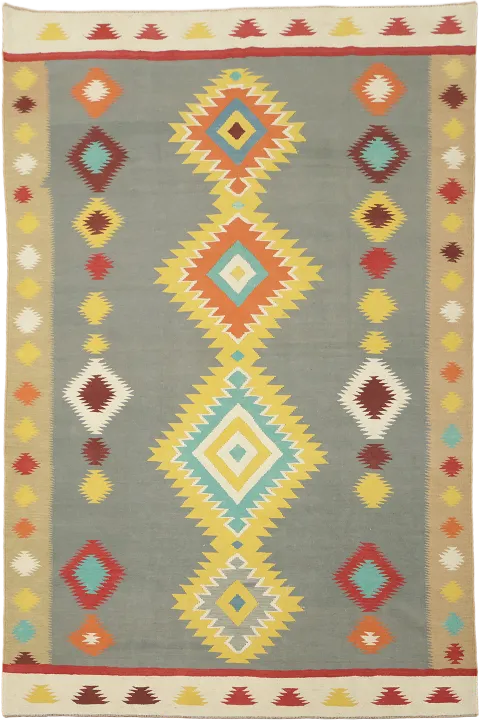 Southwestern Colorful Kilim Turkish Flat-Weave Rug with Bold Motifs 7x10