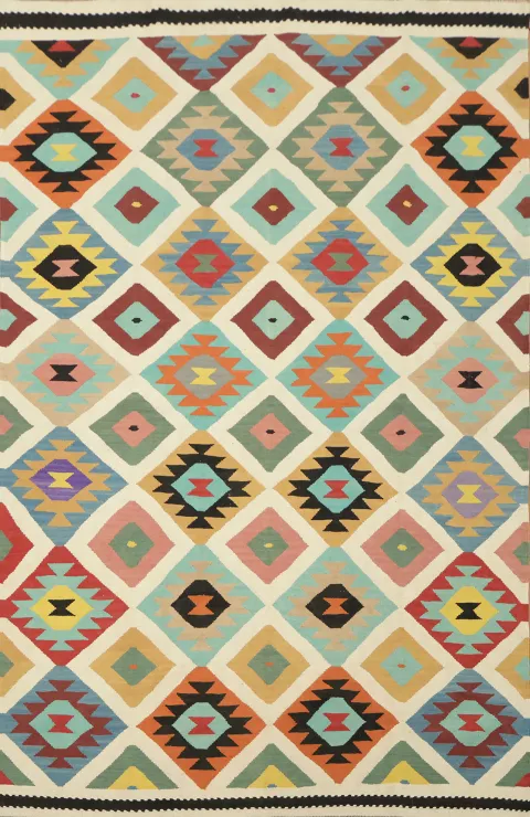 Vibrant Geometric Kilim Turkish Rug with Multicolor Diamond Patterns 9' 11'' X 6' 5''