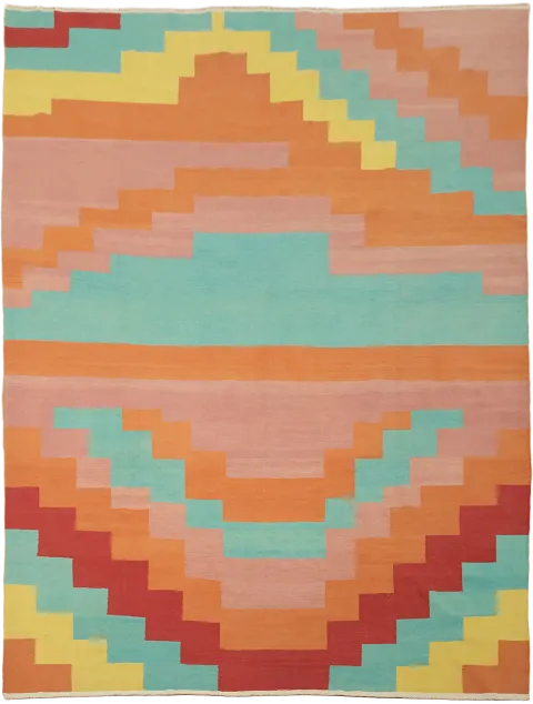 Bold Aztec Inspired Orange and Aqua Turkish Kilim Rug for Modern Interiors 10x13