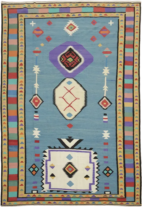 Vibrant Tribal Patterned Turkish Kilim Blue Rug with Bold Geometric Accents 10x14