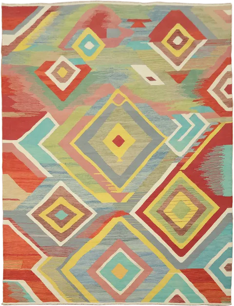 Contemporary Abstract Kilim Turkish Flat-Weave Art Rug 10x13