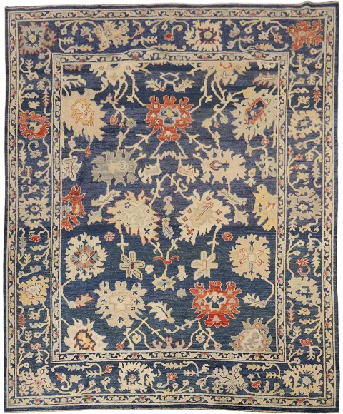 Classic Blue Turkish Oriental Wool Oushak Rug with Timeless Floral Motifs 8x10