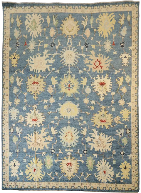 All Over Floral Blue Oushak Turkish Large Wool Rug 10x14