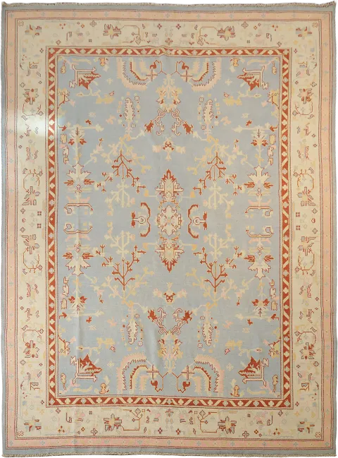 Vegetable Dye Wool Muted Blue Oushak Turkish Area Rug 9x12