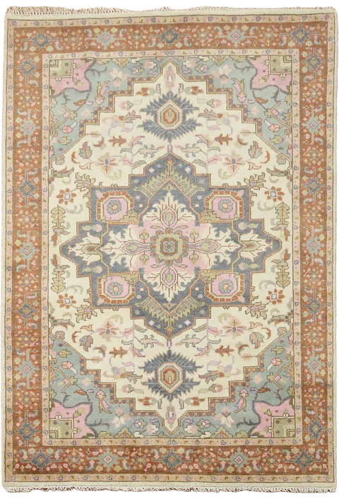 Ivory and Pink Persian-Inspired Rug with Detailed Motifs 6x9 ft