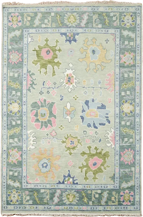 6x9 Oushak Area Rug in Green & Blue Pastel Hues