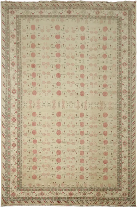 Timeless elegant Khotan Wool rug with subtle geometric patterns in earthy tones 13x19