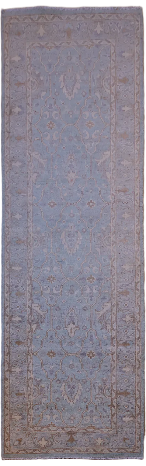 Muted Blue Oushak Turkish Oriental Wool Runner Rug 3x8