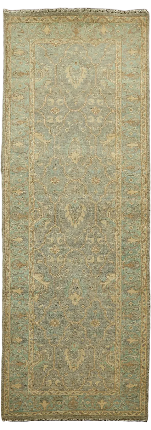 Muted Grey And Green All Over Oriental Oushak Turkish Runner Wool Rug 3x8