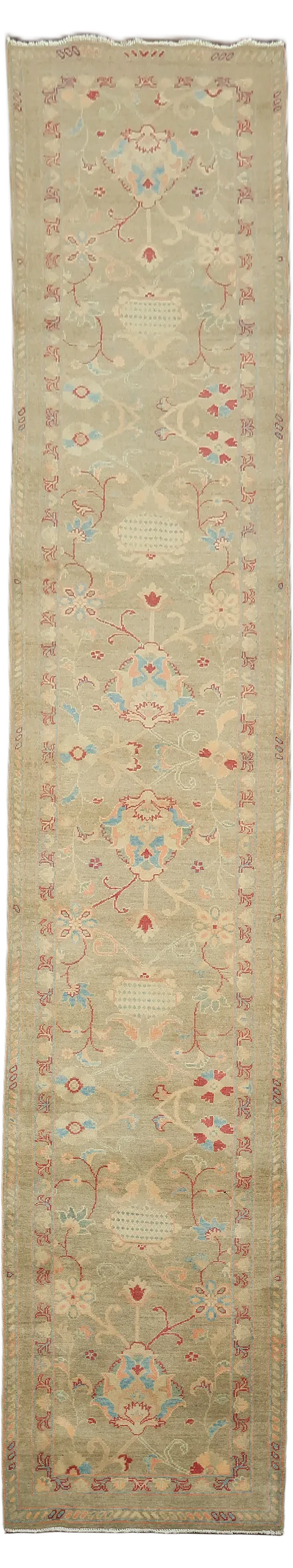 Palace Size Muted Green Oriental Oushak Turkish Runner Wool Rug 3x13