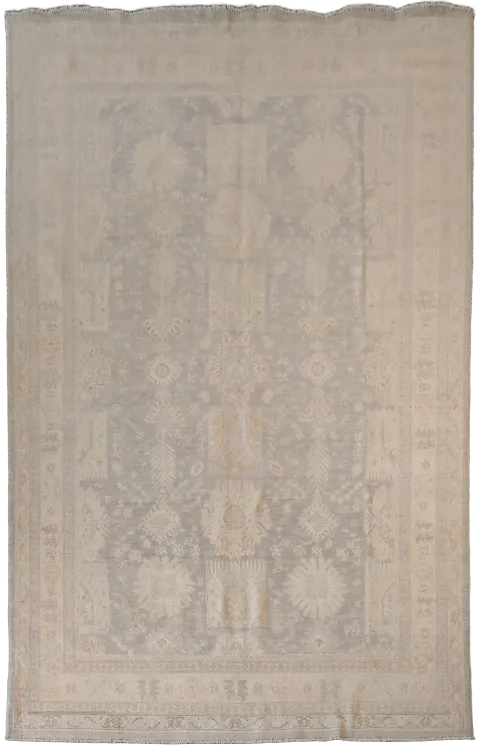 Muted Grey Refined Rectangular Oriental Oushak Wool Rug Featuring Intricate Floral Designs 7x10