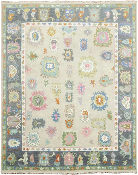 Vibrant Hand-Knotted Rug with Natural Beige and Slate Blue Border 8x10