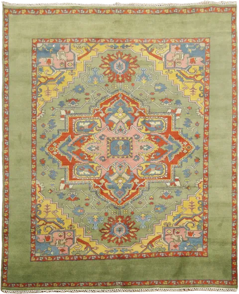 Vibrant Geometric Olive Green and Pink Medallion Rug in Earthy Tones