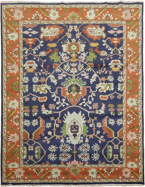 Bold and Colorful Traditional Style Rug with Navy Blue and Orange 8x10