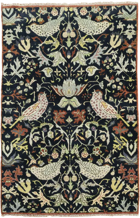 Whimsical Flora and Fauna Rug with Delicate Bird Motifs 6x9 Navy Blue