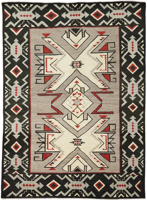 Southwestern Tribal Design Oriental Grey Wool Rug with Bold Red Accents 9x12