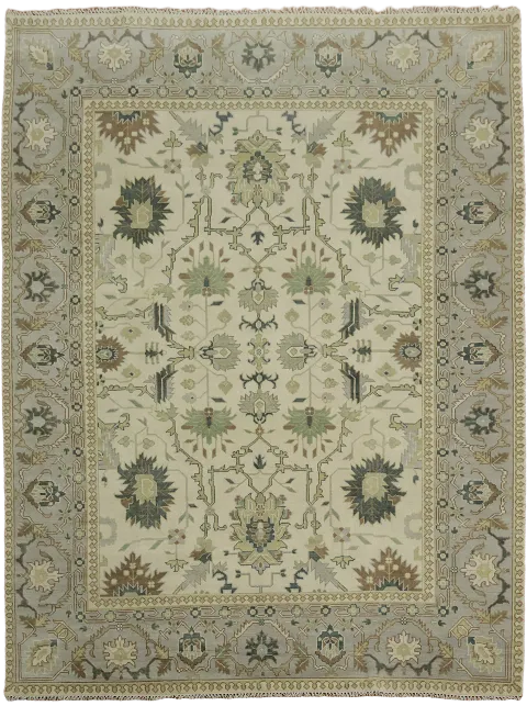 Luxurious Traditional Ivory and Green with Blue Border Oushak Rug 10x14
