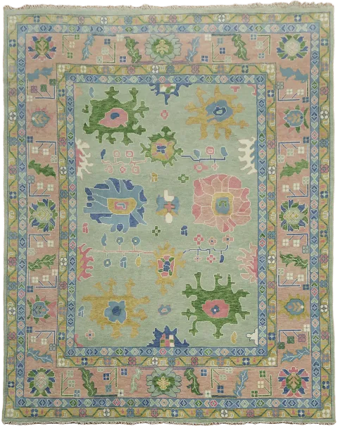 Mint Green and Pink Floral Oushak Rug with Soft Pastel Tones 12x15