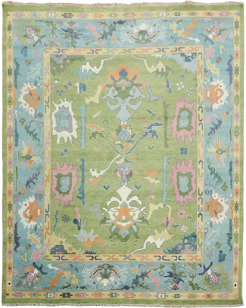 Elegant Green and Blue Rug with Traditional Motifs and Borders 12'x15'