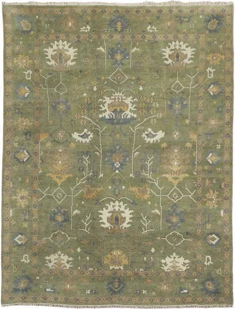 Elegant Olive Green Oushak Rug with Vintage Bohemian Patterns 9x12