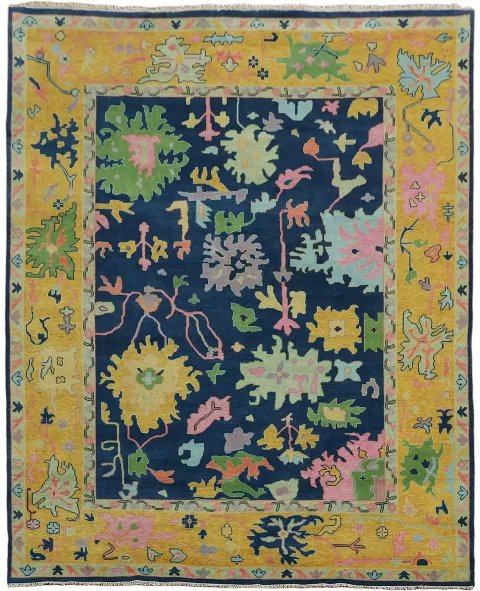 Vibrant Navy Blue and Yellow Floral Rug with Intricate Patterns and Pink Hues 12'x15'