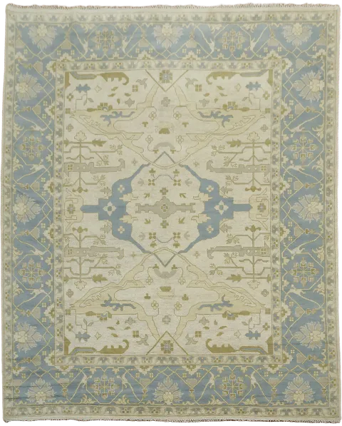 Subtle Muted Oushak Hand-made Rug with Blue and Beige Ornate Patterns 12x15