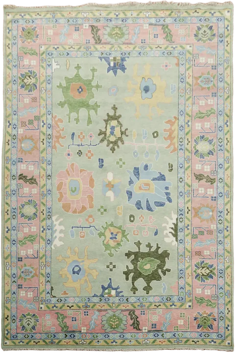 Soft and Subtle Hand-Knotted Oushak Palace Rug with Pastel Green and Pink 12'x18'
