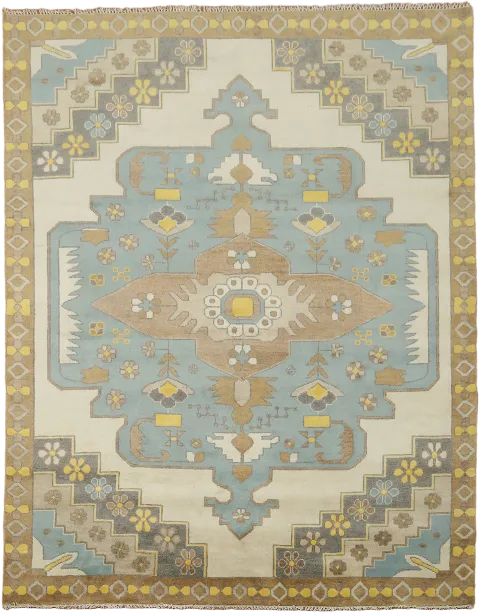 Geometric Hand-Knotted Rug with Soft Blue and Beige Tones 9x12